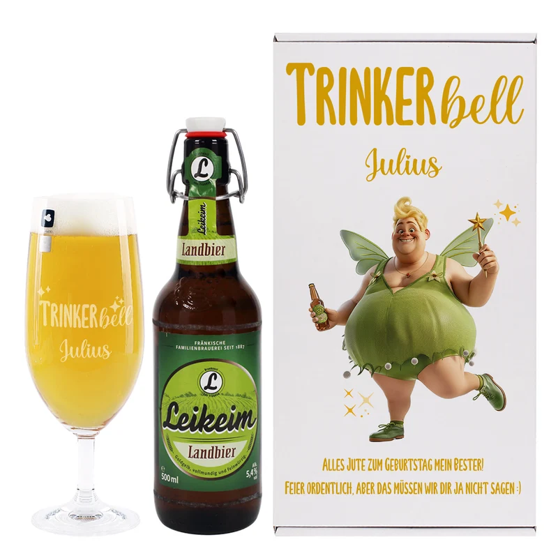 Personalisierbares Geschenkset 'Trinkerbell' mit Bier, Glas & Geschenkbox | 3 Biersorten