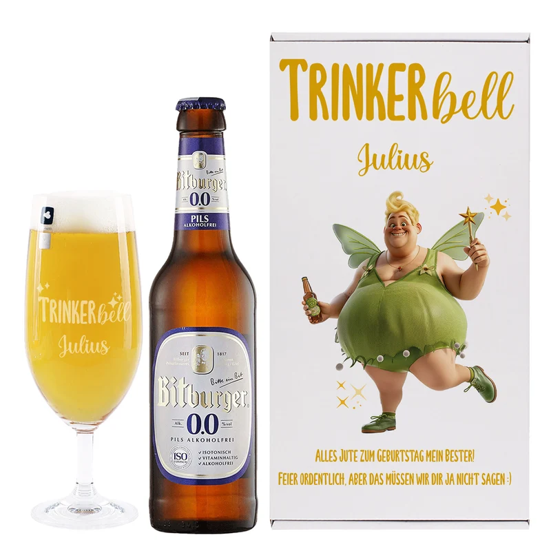 Personalisierbares Geschenkset 'Trinkerbell' mit Bier, Glas & Geschenkbox | 3 Biersorten