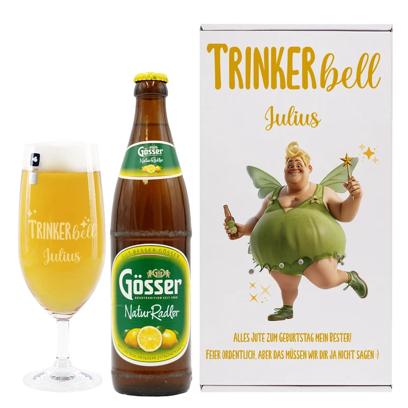 Personalisierbares Geschenkset 'Trinkerbell' mit Bier, Glas & Geschenkbox | 3 Biersorten
