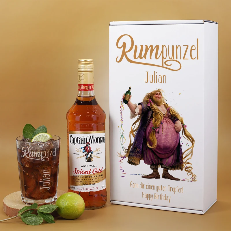 Personalisiertes Captain Morgan - Set in Geschenkbox mit graviertem Longdrinkglas | RUMpunzel