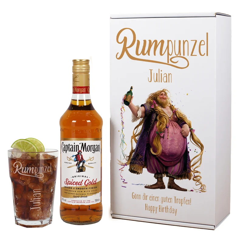 Personalisiertes Captain Morgan - Set in Geschenkbox mit graviertem Longdrinkglas | RUMpunzel