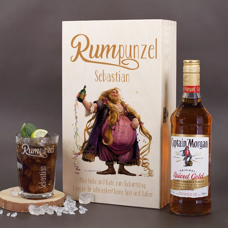 Captain Morgan - Set zum Geburtstag in edler Holzbox mit graviertem Longdrinkglas | RUMpunzel
