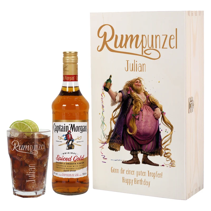 Captain Morgan - Set zum Geburtstag in edler Holzbox mit graviertem Longdrinkglas | RUMpunzel