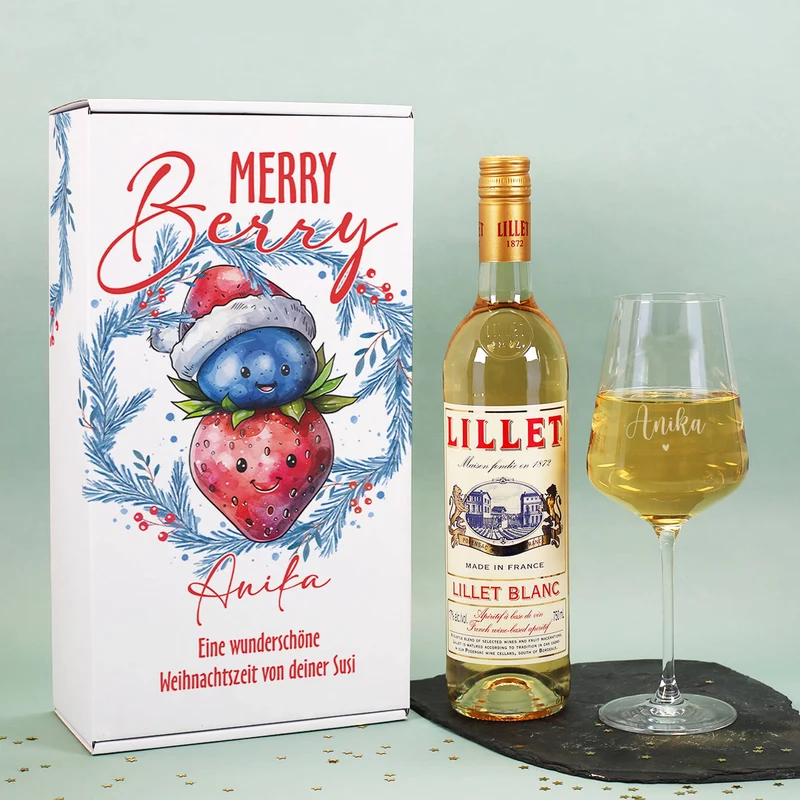 Merry Berry - Lillet Geschenkset mit Glas und Geschenkbox zu Weihnachten