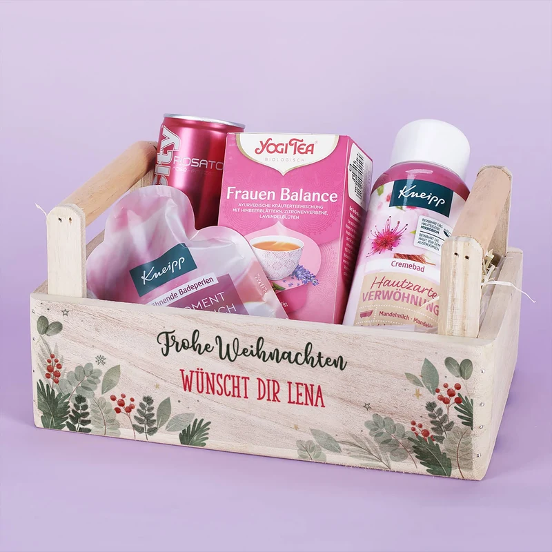 Weihnachtsgeschenkkorb für Frauen mit Wellness Inhalt und persönlichem Druck