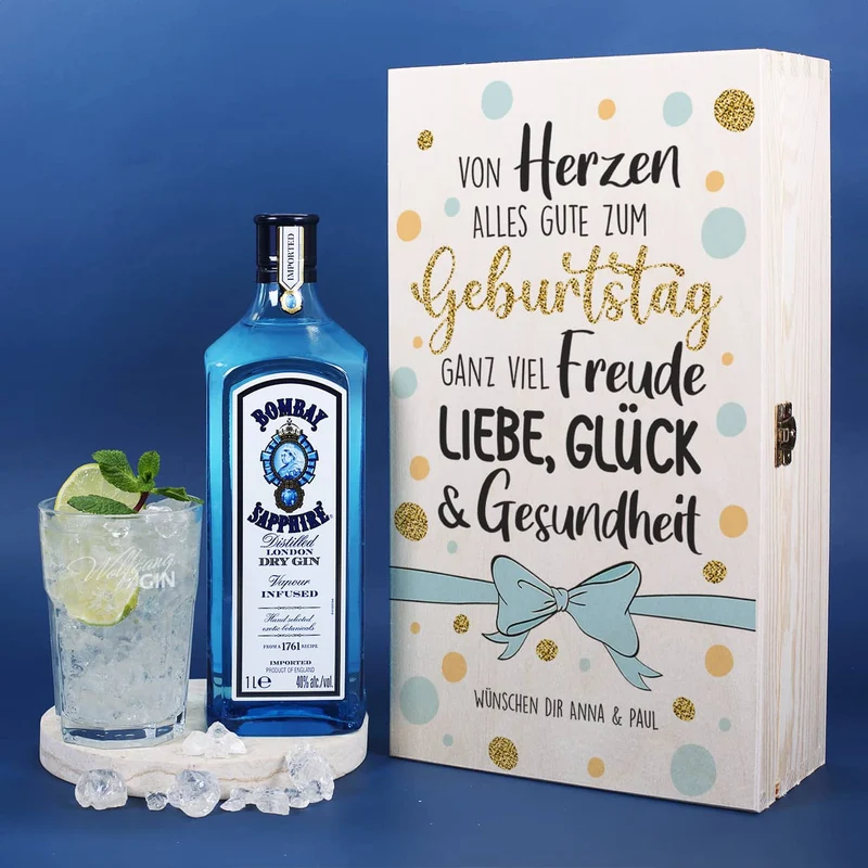 Geschenkset - Gin - zum Geburtstag mit graviertem Glas