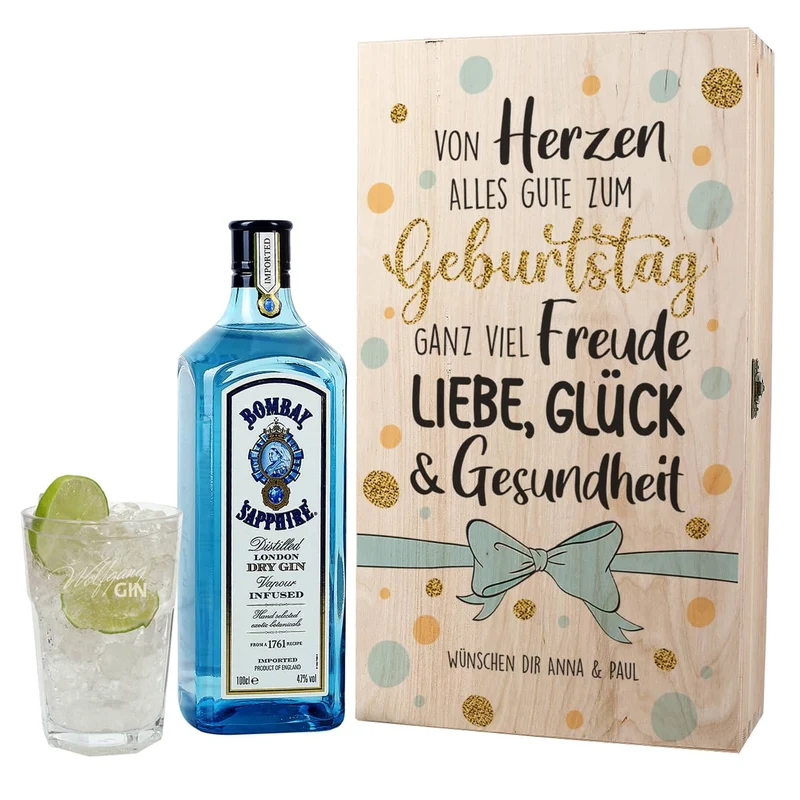 Geschenkset - Gin - zum Geburtstag mit graviertem Glas