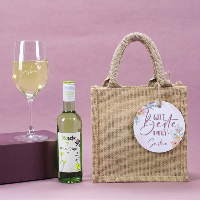 Welt beste Mama - Wein Geschenkset im Jutebeutel