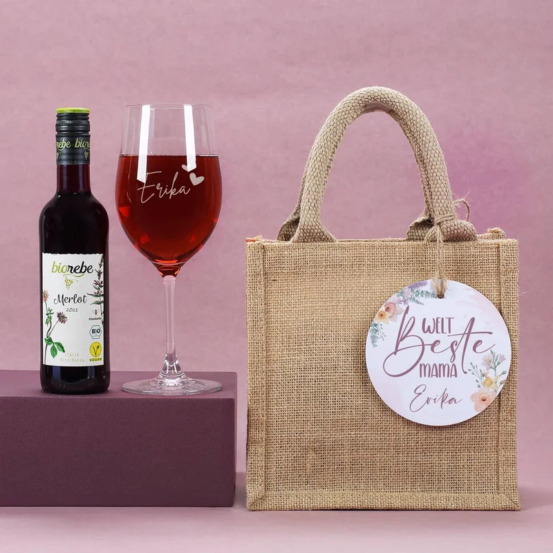 Welt beste Mama - Wein Geschenkset im Jutebeutel