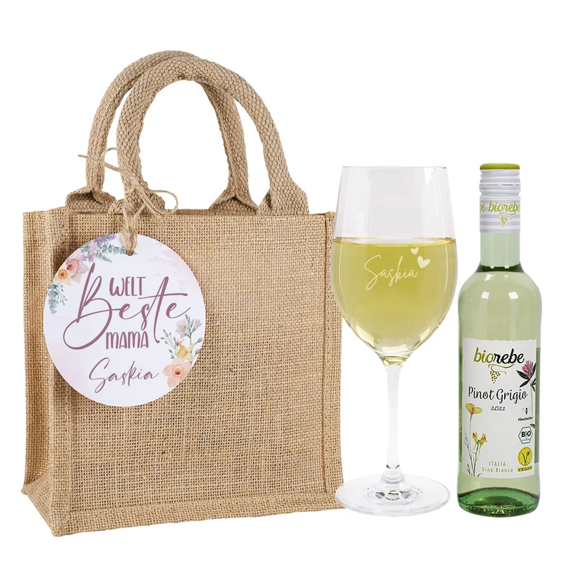 Welt beste Mama - Wein Geschenkset im Jutebeutel