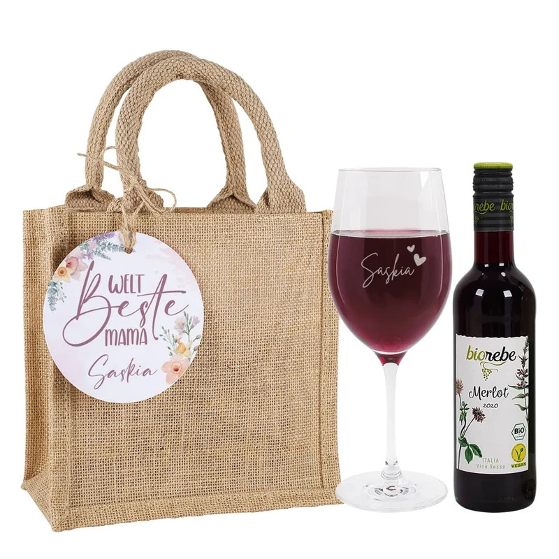 Welt beste Mama - Wein Geschenkset im Jutebeutel