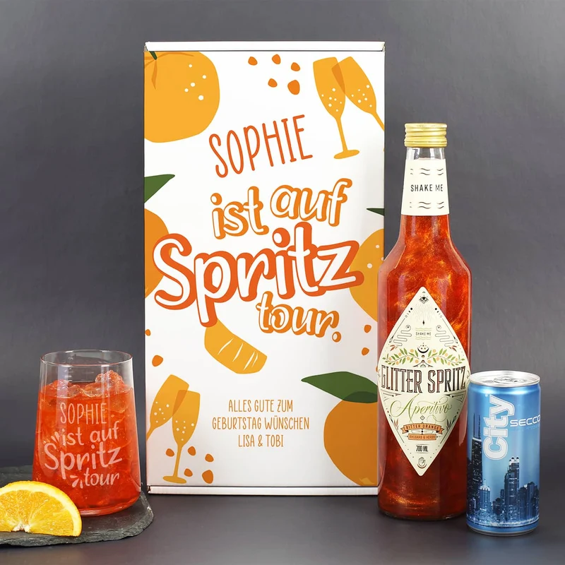 Auf Spritztour - Glitter Spritz Set mit Glas, Secco und Geschenkbox