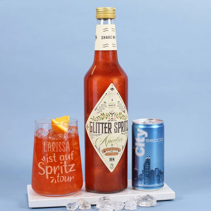 Auf Spritztour - Glitter Spritz Set mit Glas, Secco und Geschenkbox