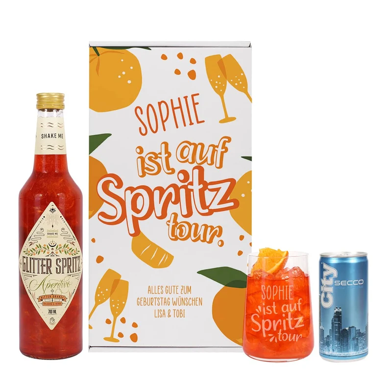 Auf Spritztour - Glitter Spritz Set mit Glas, Secco und Geschenkbox
