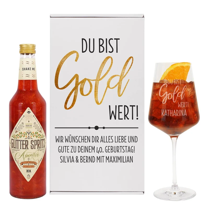 Du bist Gold wert! - Glitter Spritz Geschenkset mit Weinglas und Geschenkbox | Getränkeauswahl