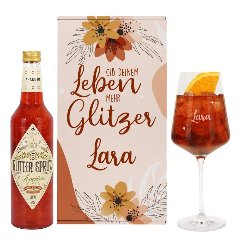 Gib Deinem Leben mehr Glitzer - Glitter Spritz Geschenkset mit personalisiertem Weinglas