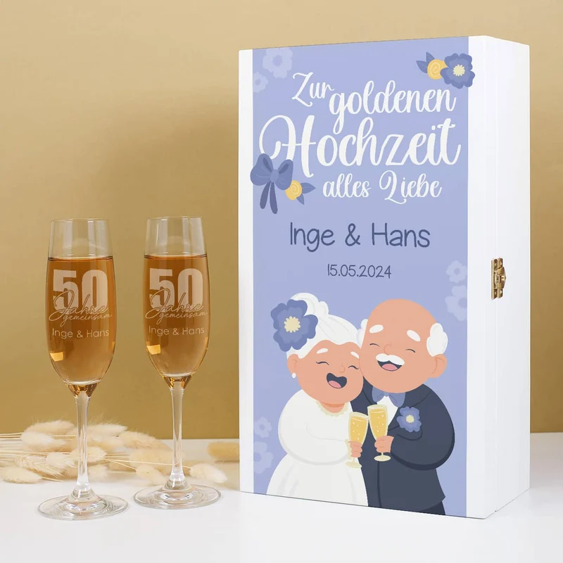 Geschenkset zur goldenen Hochzeit mit zwei gravierten Sektgläsern