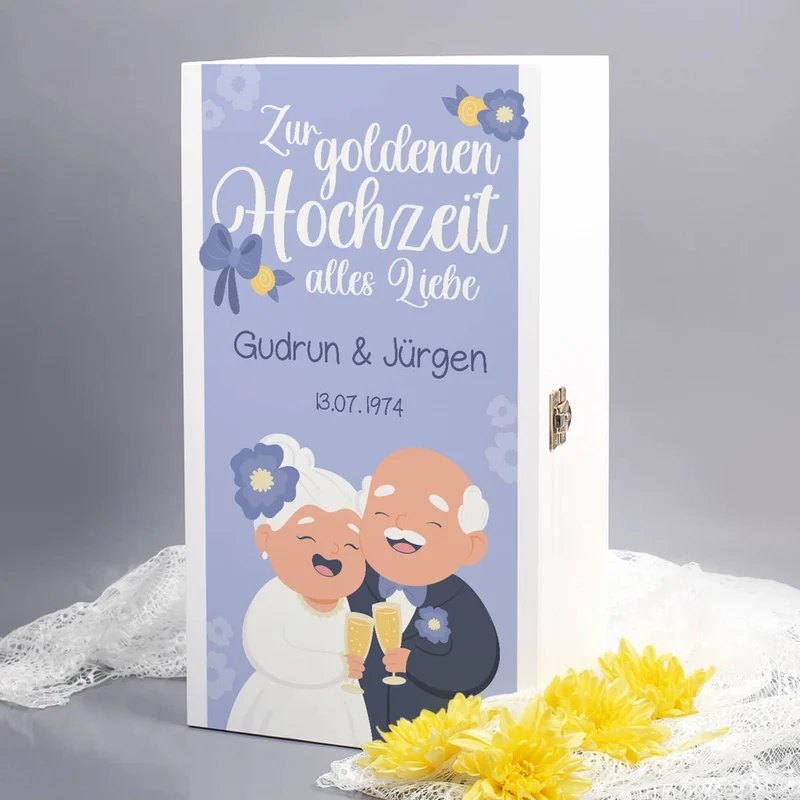Geschenkset zur goldenen Hochzeit mit zwei gravierten Sektgläsern