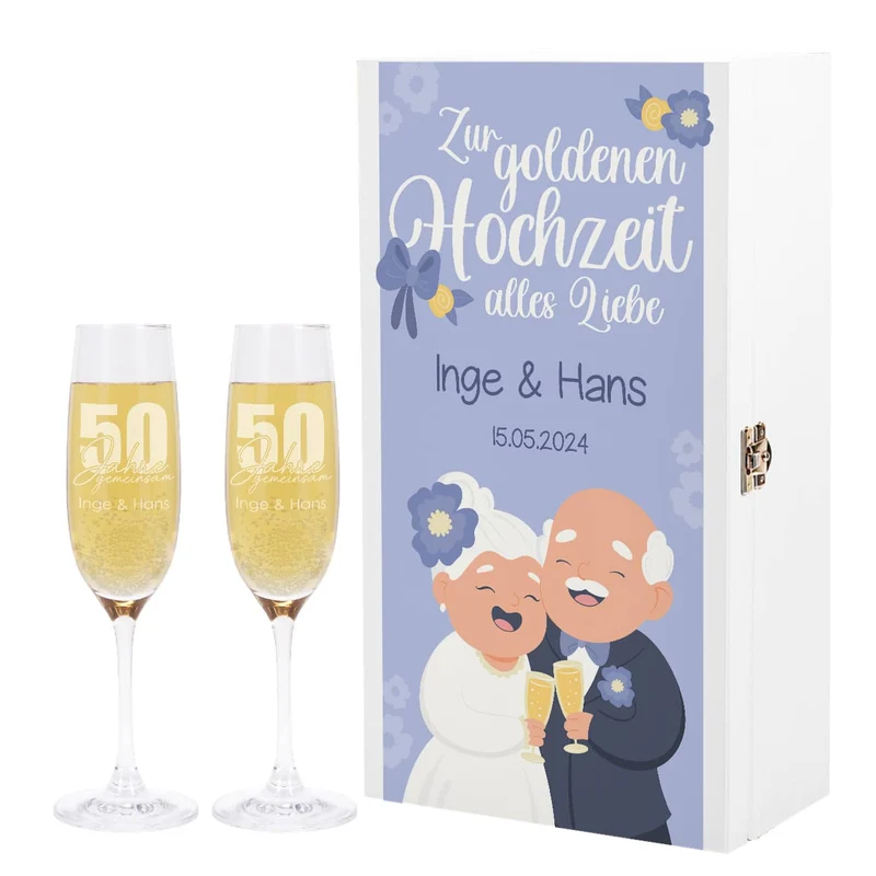 Geschenkset zur goldenen Hochzeit mit zwei gravierten Sektgläsern