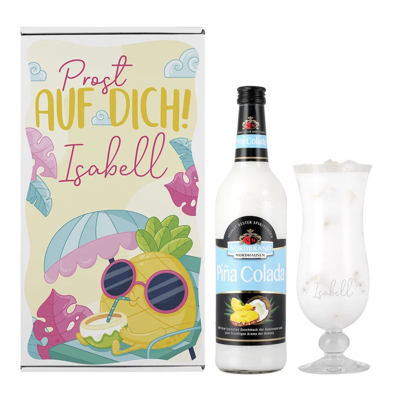 Personalisiertes Cocktail Geschenkset mit Pina Colada, Cocktailglas und Geschenkbox | Prost auf dich!
