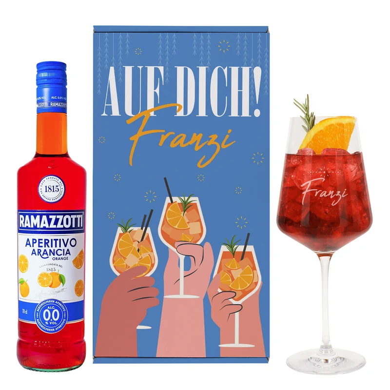 Personalisiertes Geschenkset 'Auf dich!' mit Ramazzotti alkoholfrei, Aperitif-Glas & Geschenkbox
