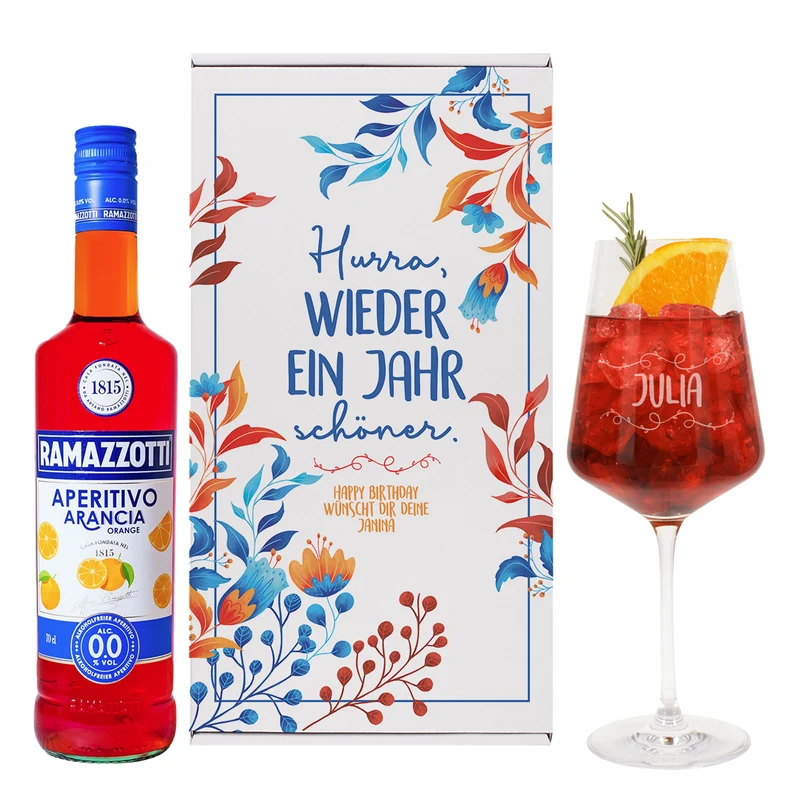 Geschenkset mit Ramazzotti alkoholfrei, Aperitif-Glas & Geschenkbox | Wieder ein Jahr schöner