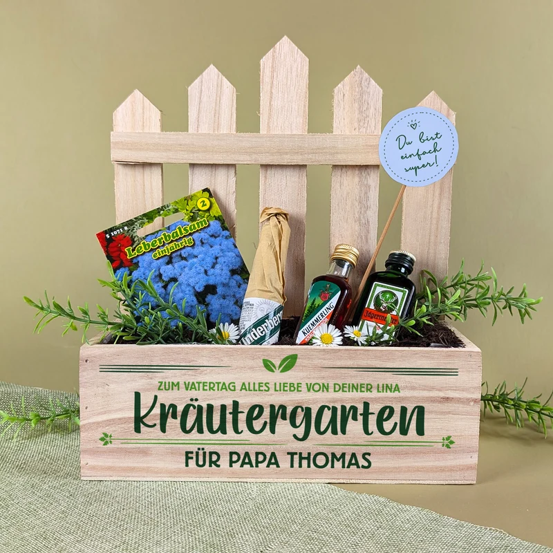 Kräutergarten Geschenkset für Männer mit Kräuterlikör, Samen & Pflanzerde | Personalisiert
