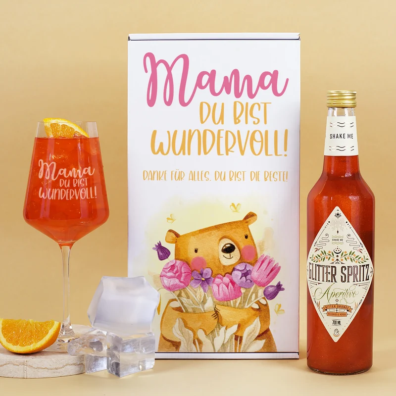Geschenkset 'Mamabär' zum Muttertag mit Glas & Aperitif nach Wahl - personalisiert