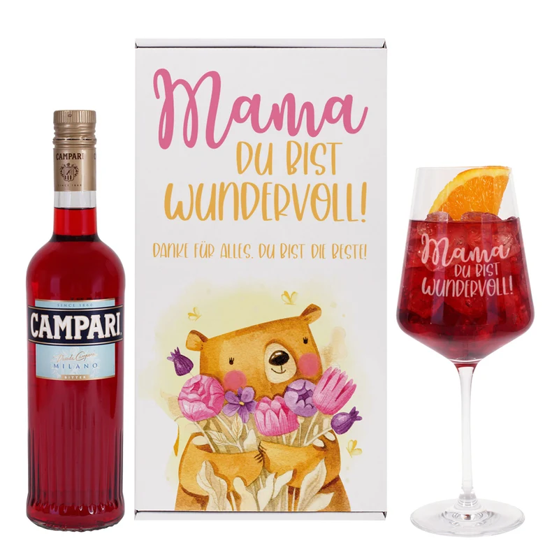 Geschenkset 'Mamabär' zum Muttertag mit Glas & Aperitif nach Wahl - personalisiert