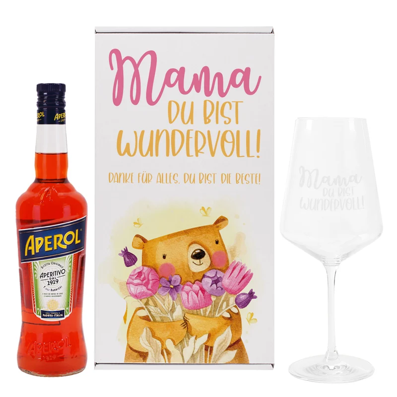 Geschenkset 'Mamabär' zum Muttertag mit Glas & Aperitif nach Wahl - personalisiert