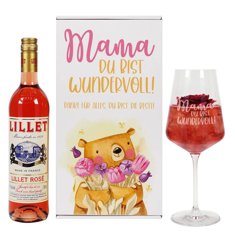 Geschenkset 'Mamabär' zum Muttertag mit Glas & Aperitif nach Wahl - personalisiert