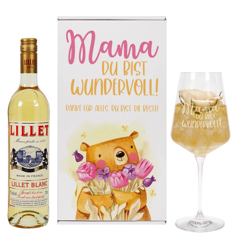 Geschenkset 'Mamabär' zum Muttertag mit Glas & Aperitif nach Wahl - personalisiert