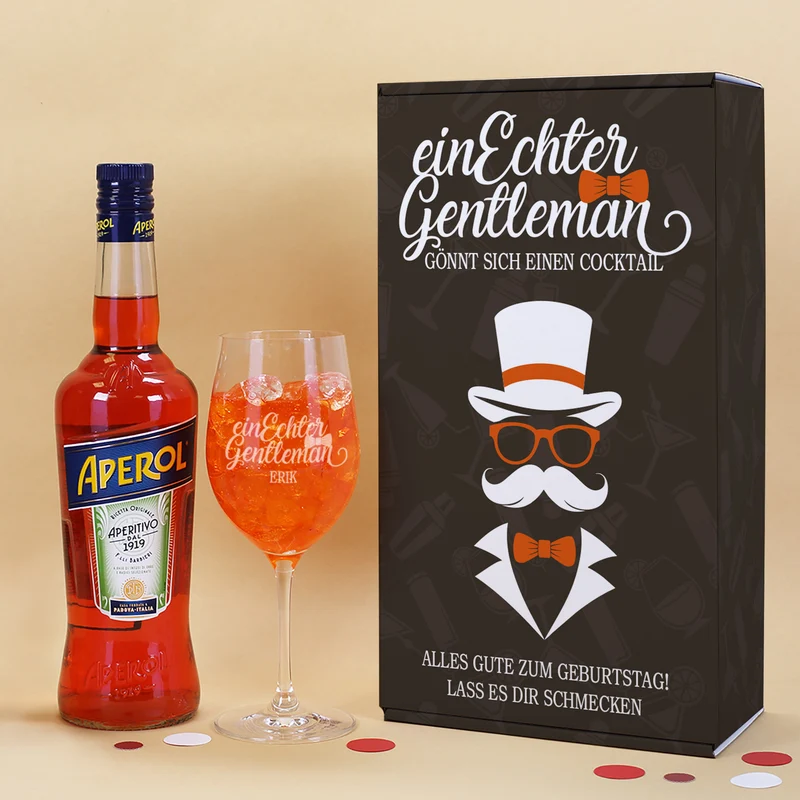Aperol Geschenkset 'Ein echter Gentleman' mit Aperitifglas - personalisiert mit Name und Wunschtext