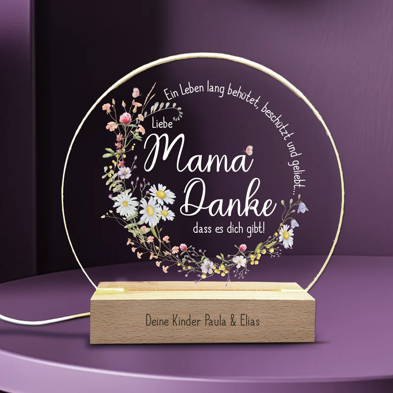 LED-Licht zum Muttertag mit Gravur und Wiesenblumen Druck | Danke Mama...