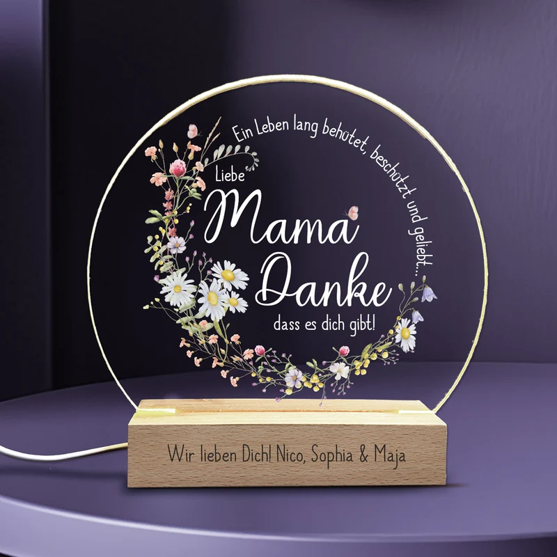 LED-Licht zum Muttertag mit Gravur und Wiesenblumen Druck | Danke Mama...