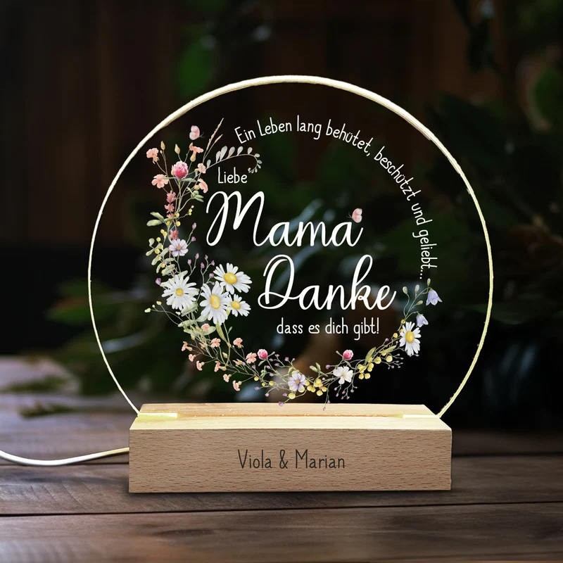 LED-Licht zum Muttertag mit Gravur und Wiesenblumen Druck | Danke Mama...