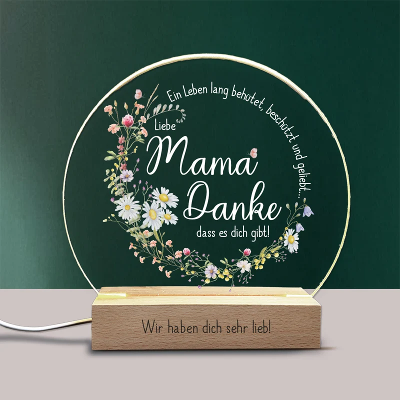 LED-Licht zum Muttertag mit Gravur und Wiesenblumen Druck | Danke Mama...