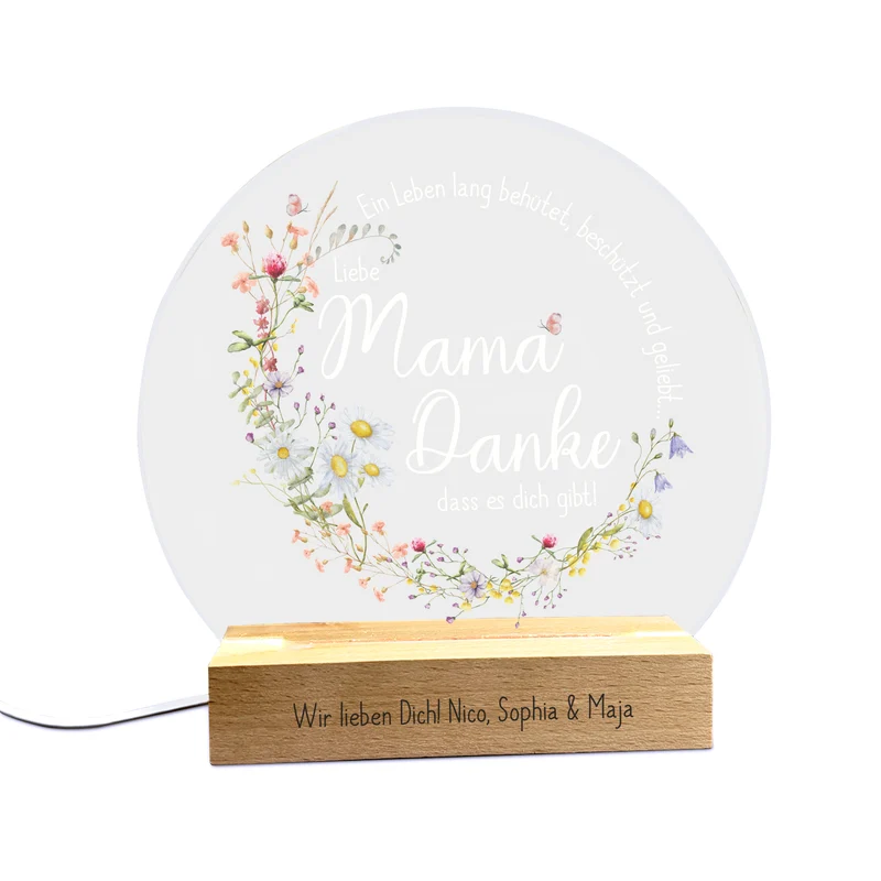 LED-Licht zum Muttertag mit Gravur und Wiesenblumen Druck | Danke Mama...