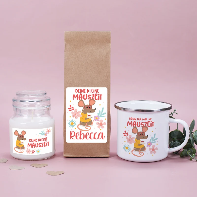 Personalisiertes Geschenkset mit Tasse, Tee und Duftkerze | Kleine Mauszeit