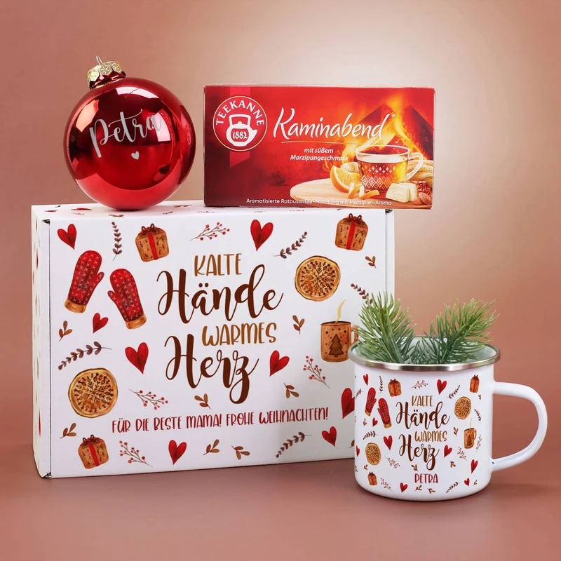 Kalte Hände, warmes Herz - Weihnachtsgeschenkset mit Christbaumkugel, Tee, Emailletasse und Geschenk