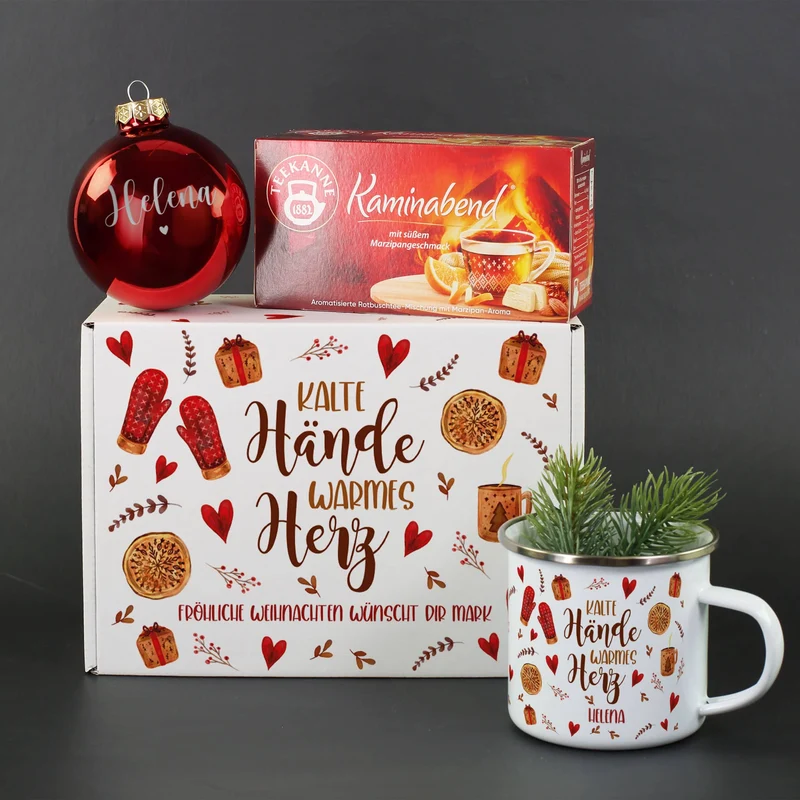 Kalte Hände, warmes Herz - Weihnachtsgeschenkset mit Christbaumkugel, Tee, Emailletasse und Geschenk