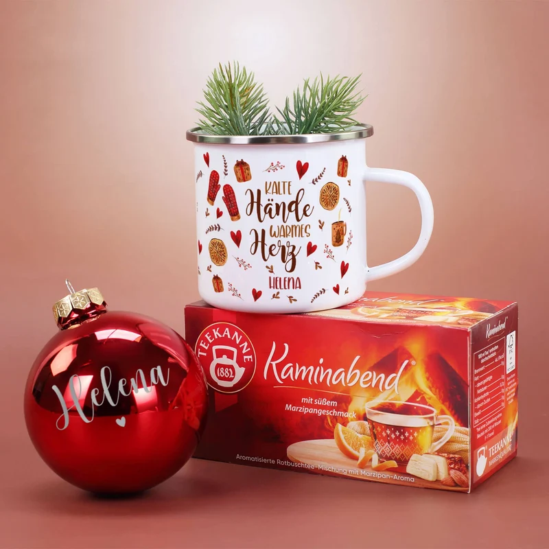 Kalte Hände, warmes Herz - Weihnachtsgeschenkset mit Christbaumkugel, Tee, Emailletasse und Geschenk