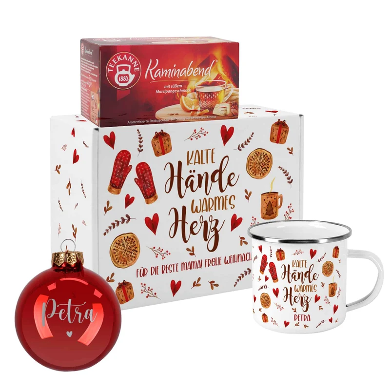 Kalte Hände, warmes Herz - Weihnachtsgeschenkset mit Christbaumkugel, Tee, Emailletasse und Geschenk