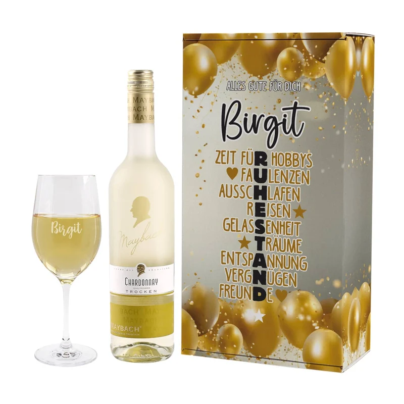 Weinset zum Ruhestand mit Maybachwein und graviertem Glas