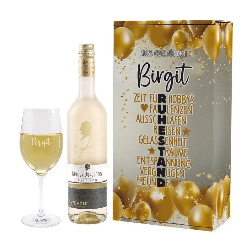 Weinset zum Ruhestand mit Maybachwein und graviertem Glas