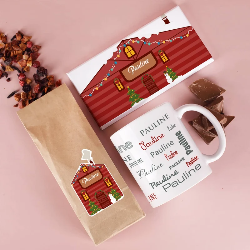 Weihnachtliches Tee Geschenkset mit Weihnachtshäuschen-Motiv mit Name und Wunschtext