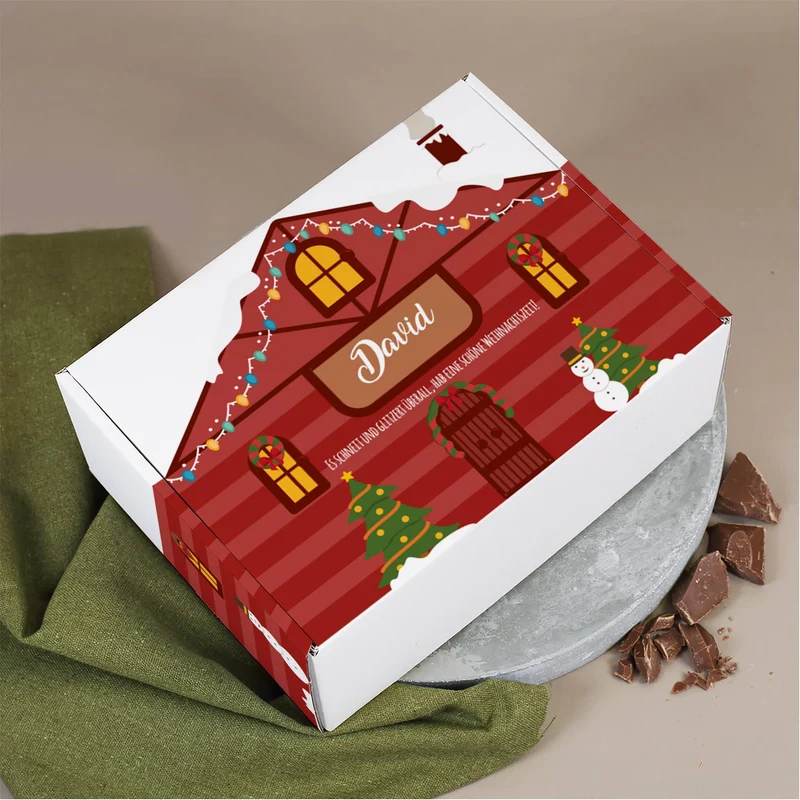 Weihnachtliches Tee Geschenkset mit Weihnachtshäuschen-Motiv mit Name und Wunschtext