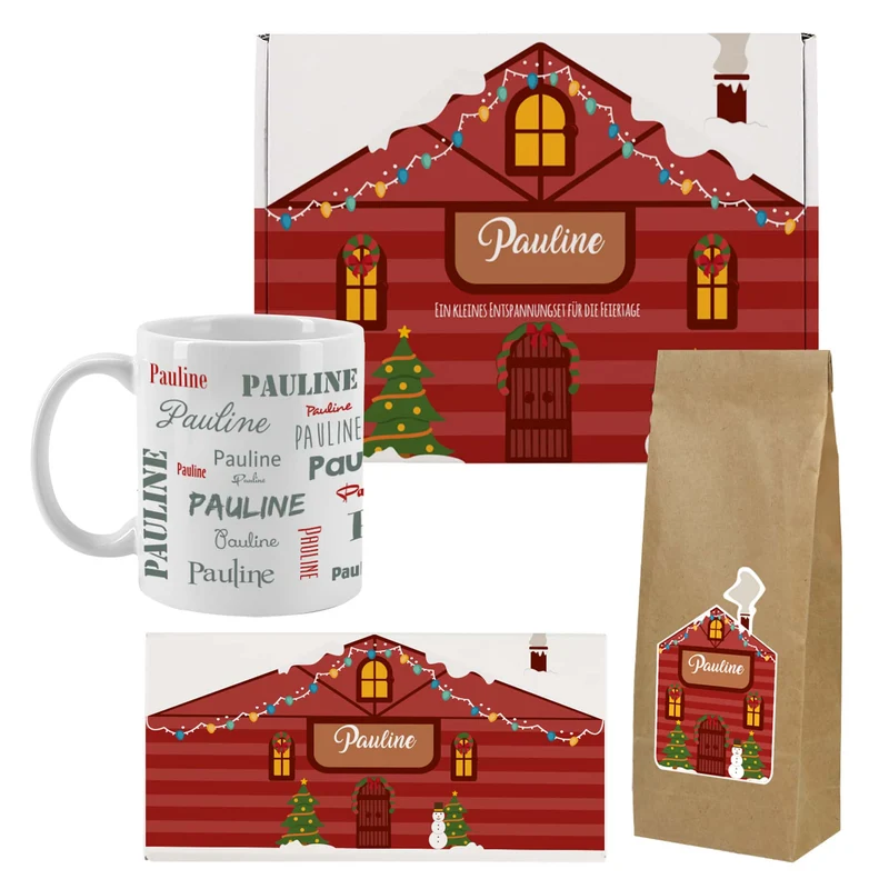 Weihnachtliches Tee Geschenkset mit Weihnachtshäuschen-Motiv mit Name und Wunschtext