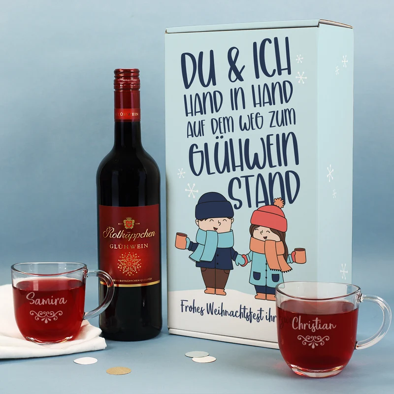 Hand in Hand zum Glühweinstand - Geschenkset mit zwei Gläsern, Glühwein und Box