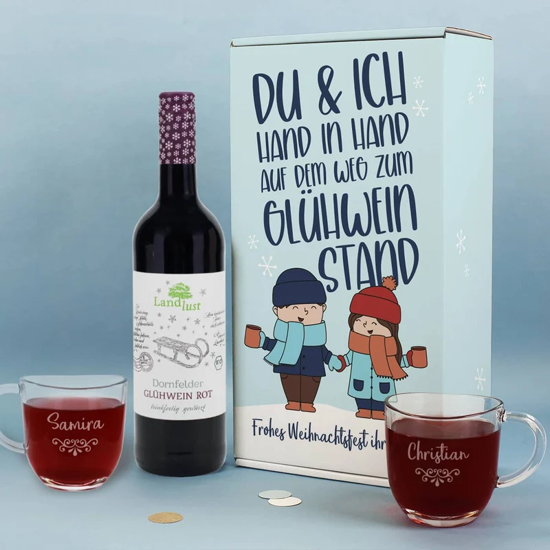 Hand in Hand zum Glühweinstand - Geschenkset mit zwei Gläsern, Glühwein und Box